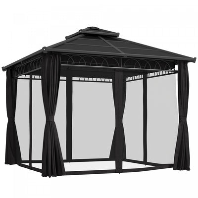 Outsunny 9' x 10' Double Roof Hardtop Gazebo with Nettings Curtains Black