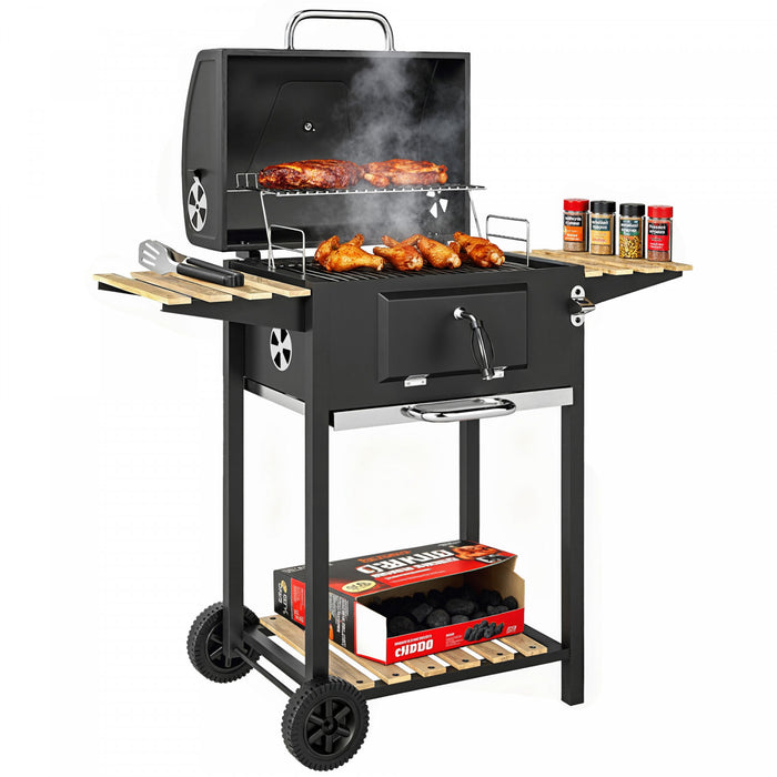 Outsunny Outdoor Charcoal BBQ Grill, Portable Barbecue Grill with Adjustable Charcoal Pan, Spacious Cooking Area, 3 Shelves, Thermometer, Wheels for Patio Backyard Party