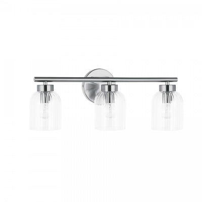 Dainolite Vienna 3 Light Incandescent Vanity Polished Chrome Clear Ribbed Glass Lamp|Lumière de coiffeuse Vienna de Dainolite en verre côtelé transparent, avec fini chromé poli et 3 ampoules incandescentes
