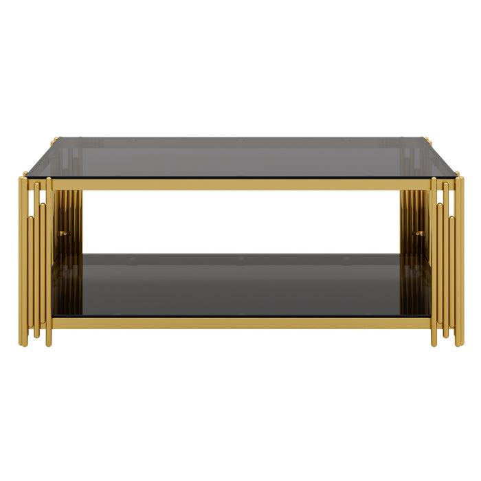 Aria 47.5 Inch Modern Rectangular Coffee Table with Asymmetrical Gold Frame and Mirror Top, Black
