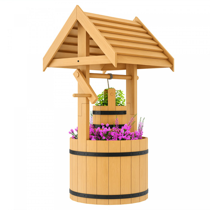 Outsunny Wishing Well Outdoor Wooden Planter with Hanging Bucket, Orange