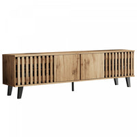 Zara 65 Inch Mid-Century TV Stand with Fluted Doors and Adjustable Shelves, Natural