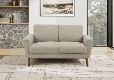 Upholstered Love Seat, 58" L, Light Brown Fabric, Walnut Wood Legs, Mid-Century, Modern Loveseat | Causeuse Rembourre, 58" L, Tissu Marron Clair, Pieds En Bois De Noyer, Mid-Century