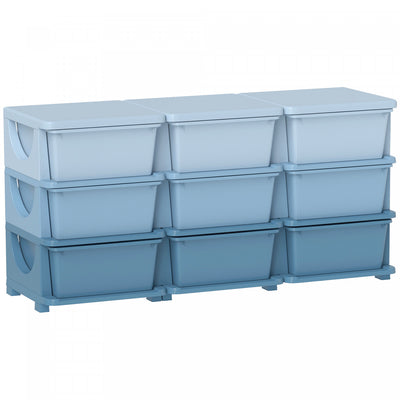 Qaba Kids Toy Storage Organizer With 9 Plastic Bins, 3 Tier Drawer Chest Utility For Kids Bedroom Nursery Kindergarten Living Room For Boys Girls Toddlers, Blue