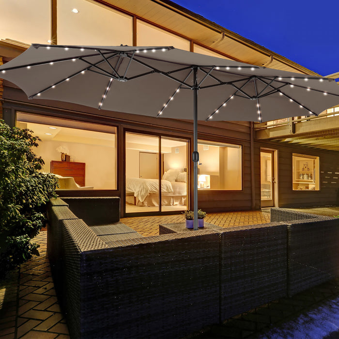 Costway 15FT Twin Patio Double-Sided Umbrella 48 Solar LED Lights Crank Outdoor Coffee
