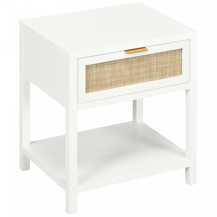 HOMCOM Boho Bedside Table with Drawer, Open Shelf and Rattan Element