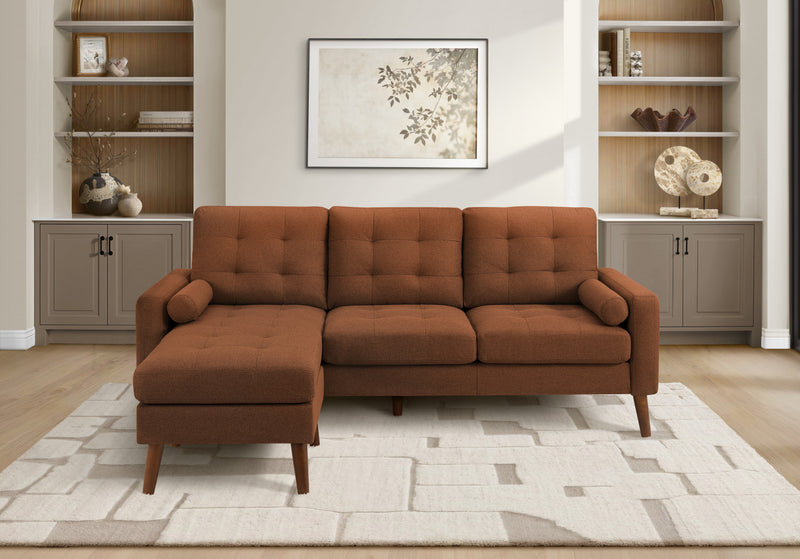 Upholstered Chaise Sofa Lounger, 85\" Wide, Rust Fabric, Walnut Solid Wood Legs, Modern Sofa