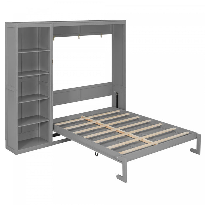 Jessie Space-Saving Multi-Functional Wall Bed with Shelves,Queen Size,Grey Queen Bed