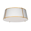 Dainolite Trapezoid 4 Light Flush Mount Tapered Drum Shaped Gold/White Shade White Fabric Diffuser Lamp|Plafonnier affleuré Trapezoid de Dainolite avec abat-jour cylindrique effilé doré et blanc qui diffuse la lumière, tissu blanc et 4 ampoules