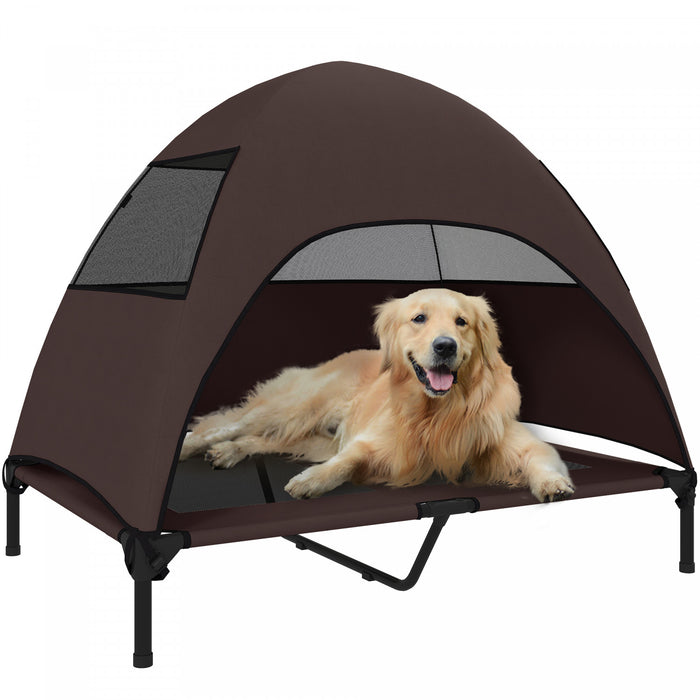 PawHut Outdoor Elevated Dog Bed with Canopy, Cooling Pet Lounger for Large Dogs, Washable Mesh, Steel Frame, Suitable for Camping & Garden, 41.7\" x 29.9\" x 39\",Coffee
