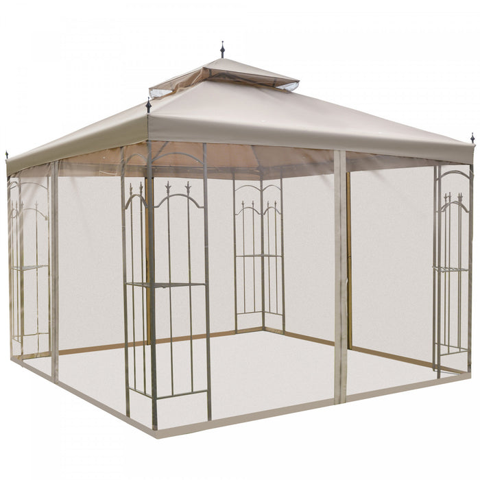 Outsunny 10' X 10' Steel Outdoor Patio Gazebo Canopy With Removable Mesh Curtains, Display Shelves, & Steel Frame, Brown