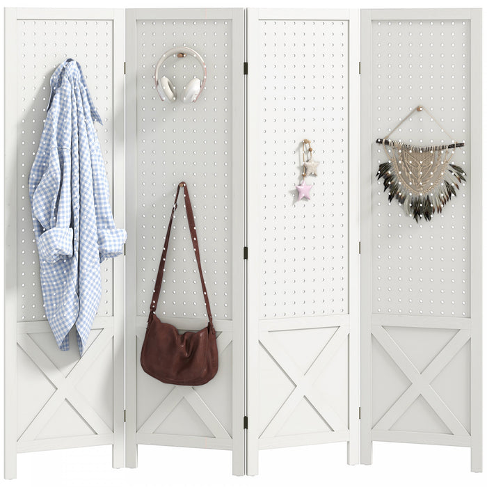 HOMCOM 56.9\" 4 Panel Room Divider with Pegboard Display for Indoor White