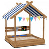 Outdoor Kids Sandbox With Cover, Liner, Blackboard, Toys, Seat, Flags, House Design, Kids Playset For 3-7 Years Old, Backyard, Brown