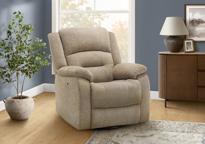 MONARCH SPECIALTIES 34\" WIDE, LARGE UPHOLSTERED POWER RECLINING CHAIR, USB PORTS INCLUDED, BEIGE FABRIC, TRANSITIONAL RECLINER