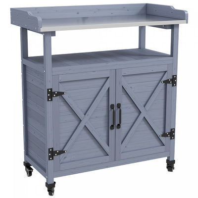 Outsunny Outdoor Potting Bench With Storage, Wheels, Grey|Outsunny Banc D'empotage Exterieur Avec Rangement, Roulettes, Gris