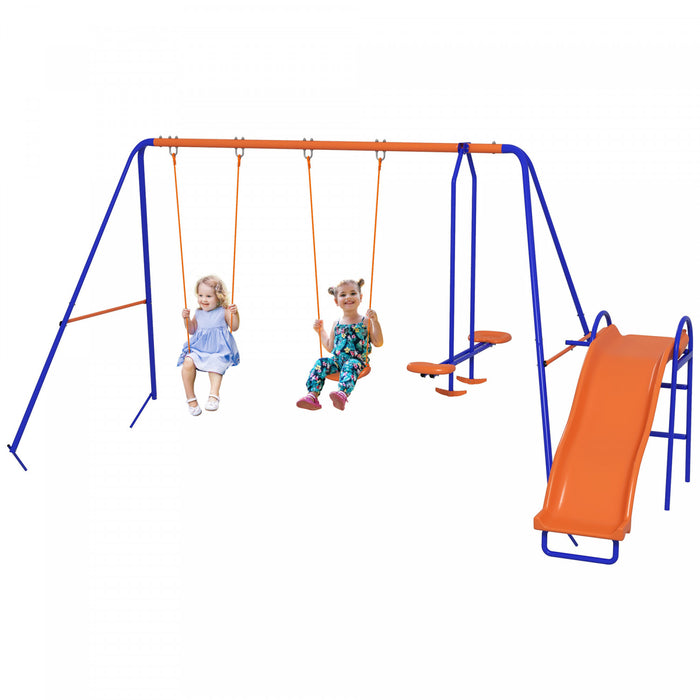 Outsunny 4 In 1 Metal Swing Set With Double Swings, Glider, Slide, Ladder, Kids Swing Set For Backyard, Outdoor, Playground, Multicoloured