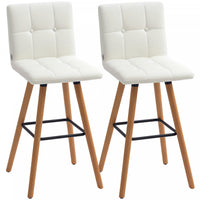 HOMCOM Bar Stool Set of 2 Upholstered Kitchen Stool w/ Wood Legs, White