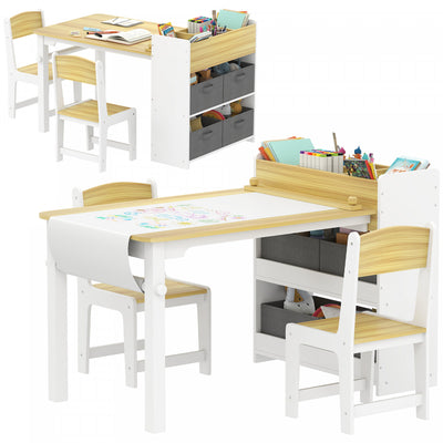 Qaba Kids Table And Chair Set With Paper Roll, Toddler Table And Chair Set With Storage Shelves And Drawers, Art Craft Table For Drawing Writing Aged 3-8 Years, Natural Wood