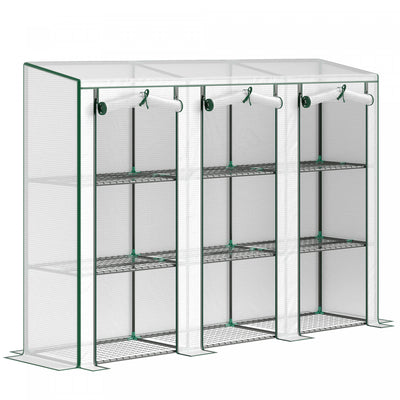 Outsunny Lean-to Mini Greenhouse W/ 3 Tier Shelves, 3 Roll-up Doors, White|Outsunny Mini Serre Adossee Avec 3 Etageres, 3 Portes Enroulables, Blanc