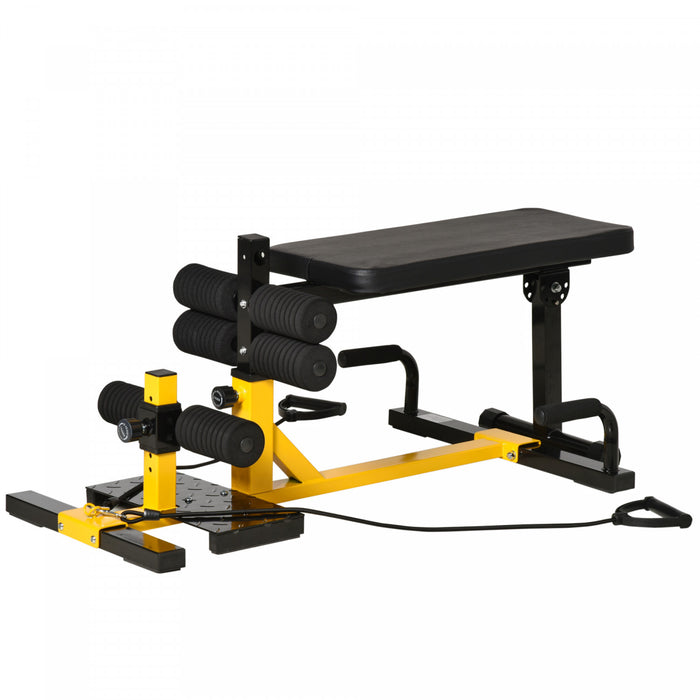 Soozier 3-in-1 Squat Machine W/ Resistance Bands, Adjustable Padded Bench & Leg Exerciser, Squats, Push Up, Sit Up For Home, Office, Gym Fitness Equipment, Yellow