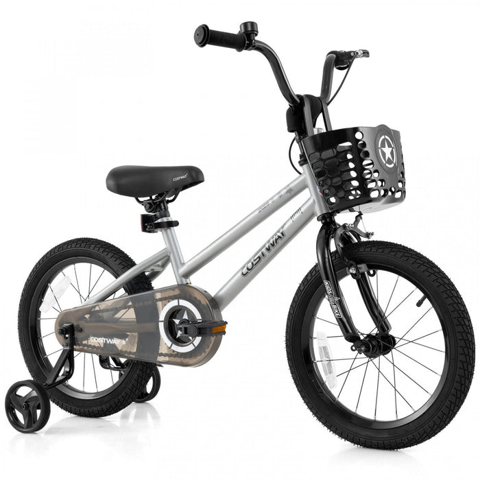 Costway 16\" Kid's Bike With Training Wheels Adjustable Handlebar & Seat Handbrake Silver