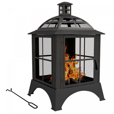 Outsunny 28" Fire Pit With Poker, Chimney Style Wood Burning Firepit, Black|Outsunny Foyer A Bois De 28" Avec Tisonnier, Style Cheminee, Noir