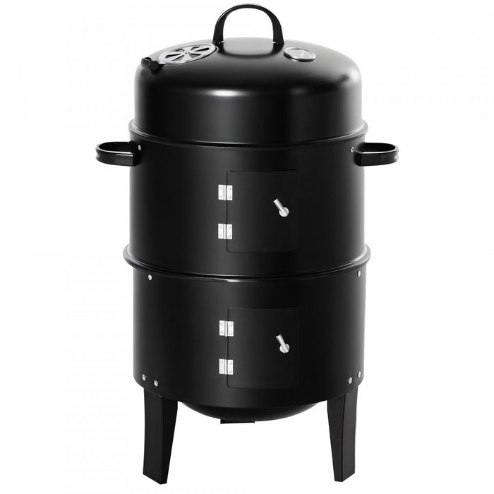 Outsunny Vertical Charcoal BBQ Smoker, 3-in-1 16\" Round Barbecue Grill with 2 Cooking Area and Thermometer for Outdoor Camping Picnic Cooking, Black