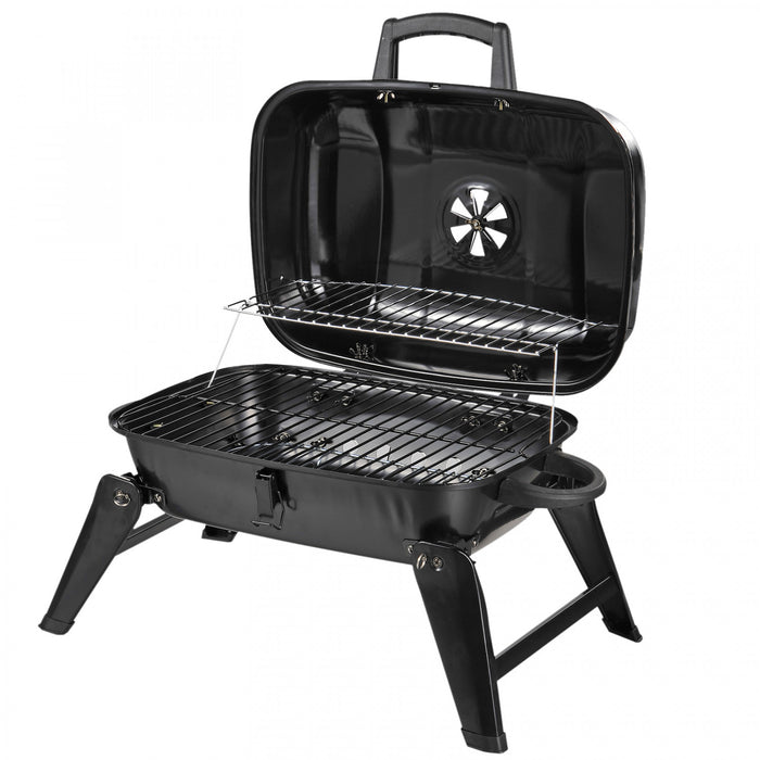 Outsunny 23\" Portable Tabletop Steel Charcoal Grill Foldable Outdoor BBQ Camping Picnic Cooker Barbecue Smoker with Air Vent Black