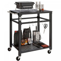 Outsunny Outdoor Grill Cart, Pizza Oven Stand with Steel Top, 2-Tier Rolling Kitchen Prep Station with Hooks, Handle, Lockable Wheels for Patio Garden, Black