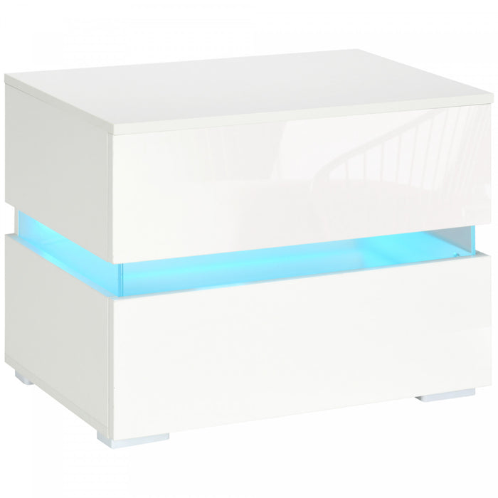 HOMCOM LED Nightstand Bedside Table with Drawers LED Light White