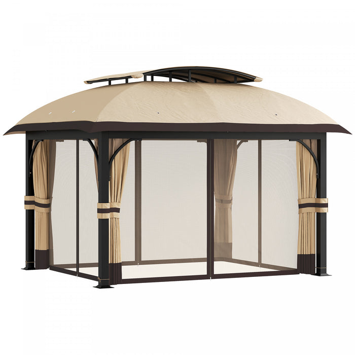Outsunny 11' x 13' Double Roof Gazebo With Netting & Curtains, Khaki
