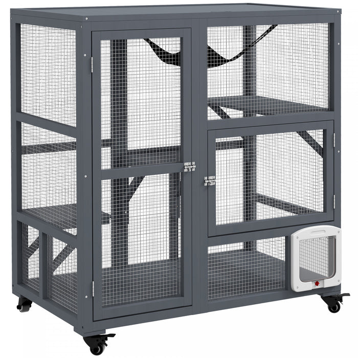 Pawhut Wooden Cat House For Indoor Cats 3 Levels Cat Condo Cat Villa On Wheels With Cat Flap Door Platforms Hammock Openable Top For 2 Cats, Light Grey
