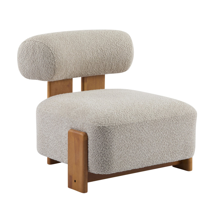 Luma Modern Boucle Lounge Chair with Rolled Backrest and Solid Wood Frame, Almond, Natural