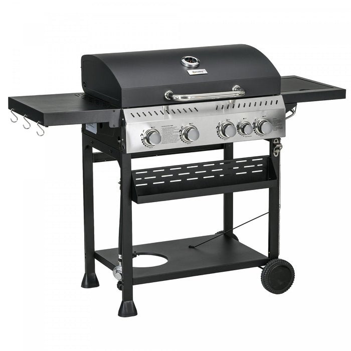 Outsunny Propane Gas Grill with 4 Main Burners, 1 Side Burner, 40,000 BTU Outdoor BBQ Grill Cart with Wheels, Warming Rack, Shelves, Thermometer, Bottle Opener, Black