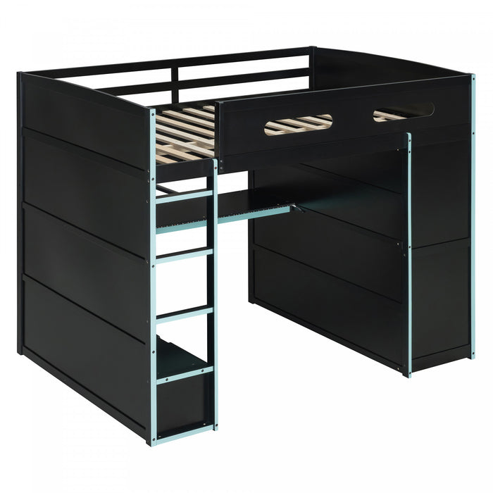 Jerry Wood Loft Bed with Desk and Storage,Full Size,Blue Full Bed