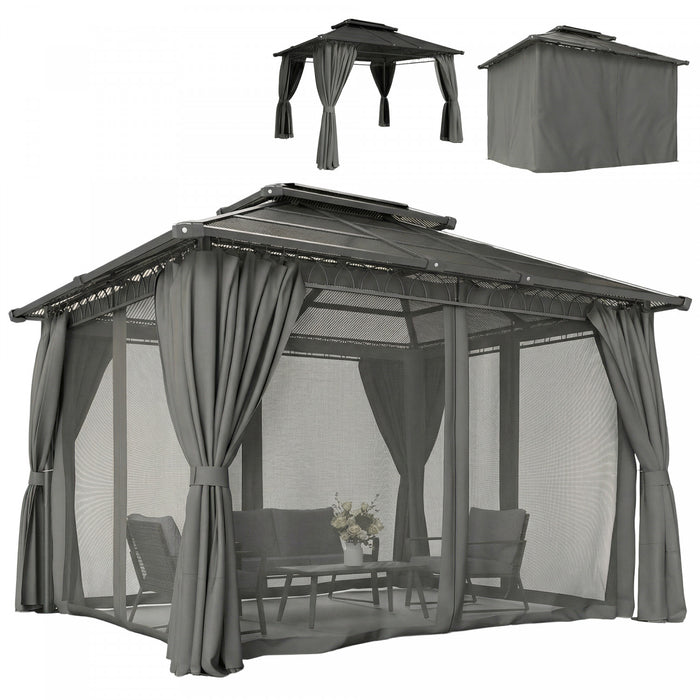 Outsunny 10' x 12' Double Roof Hardtop Gazebo with Curtains, Black