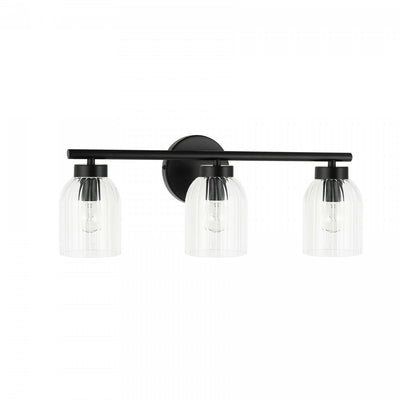 Dainolite Vienna 3 Light Incandescent Vanity Matte Black Clear Ribbed Glass Lamp|Lumière de coiffeuse Vienna de Dainolite en verre côtelé transparent, avec fini noir mat et 3 ampoules incandescentes