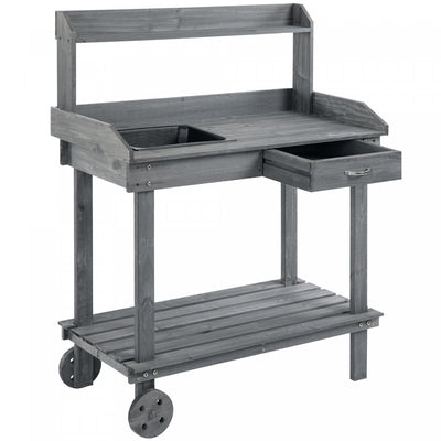 Outsunny 36" Wooden Potting Bench Work Table With 2 Removable Wheels Gray|Outsunny Table De Travail En Bois Rempotage 36" Avec 2 Roues Amovibles Gris
