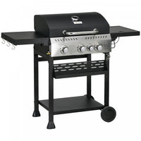 Outsunny Propane Gas Grill with 3 Main Burners, 1 Side Burner, 38,000 BTU Outdoor BBQ Grill Cart, Shelves, Warming Rack, Thermometer, Bottle Opener, Wheels, Black