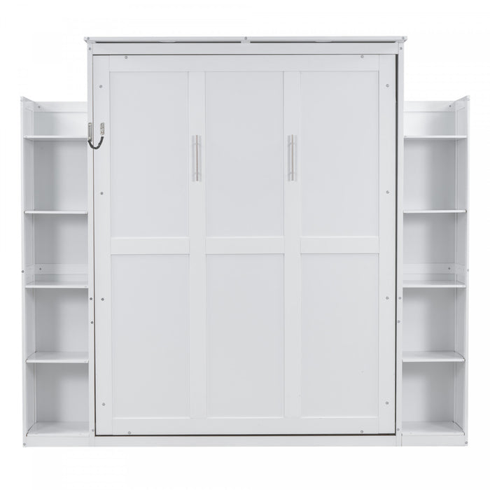 Aiden Murphy Bed with Shelves and LED Lights,Queen Size,White Queen Bed