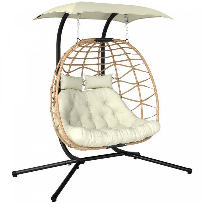 Outsunny Double Hanging Egg Chair w/ Canopy, Foldable Hammock Chair, Beige