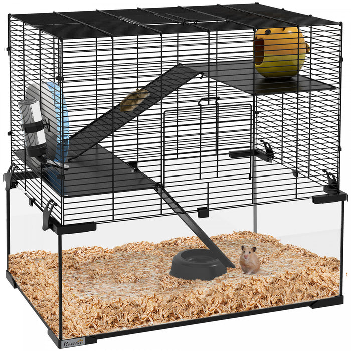 Pawhut Hamster Cage, Gerbil Cage With Glass Basin, Ramps, Platforms, Hut, Exercise Wheel, For Syrian And Dwarf Hamsters, Black, M
