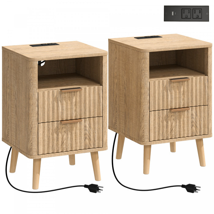 HOMCOM Nightstands Set of 2, Bedside Tables with Charging Station, Oak