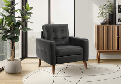 31" Wide Upholstered Accent Chair, Black Leather-Look, Walnut Wood Legs, Mid-Century Mod Accent Chair | 31" De Large Chaise D'Appoint Rembourre, Aspect Cuir Noir, Pieds En Bois De Noyer