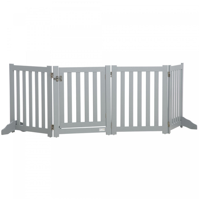 Pawhut Foldable Dog Gate With Door, 4 Panels Freestanding Pet Gate With Support Feet Indoor Playpen For Small Dogs And Below, Grey