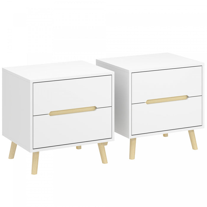 HOMCOM Nightstands Set of 2, Bedside Table w/ 2 Drawers and Wood Legs White