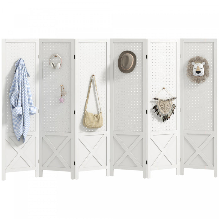 HOMCOM 56.9\" 6 Panel Room Divider with Pegboard Display for Indoor White