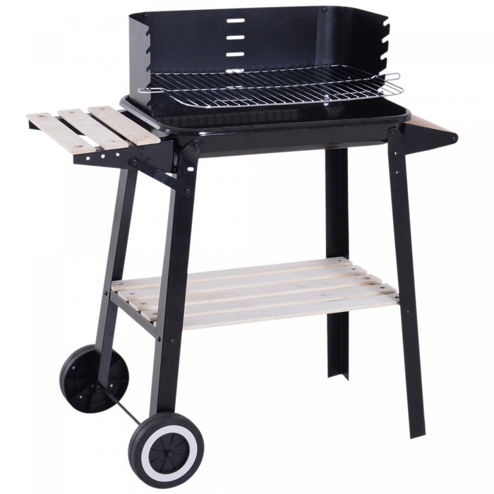 Outsunny Charcoal BBQ Grill with Storage Shelves and Wheels, Portable Barbecue Trolley with Adjustable Cooking Grate & Wind Shield for Outdoor Cooking