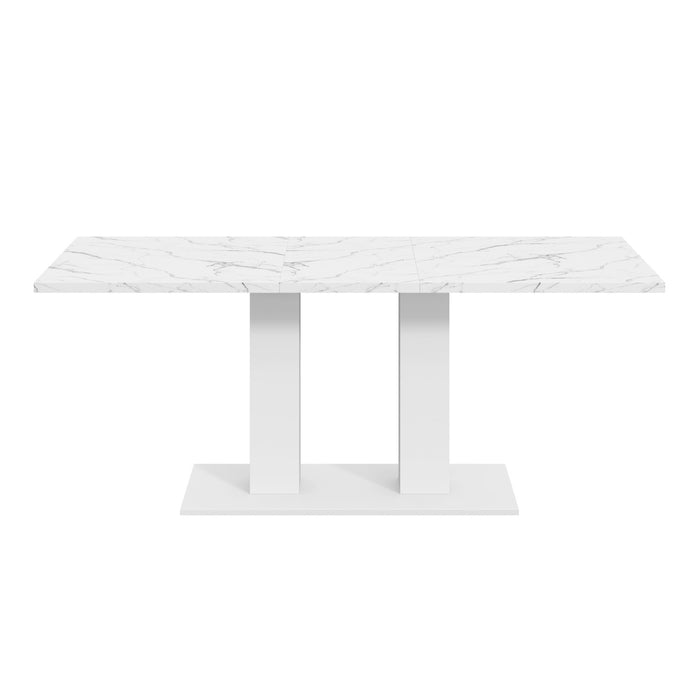 Vero 71 Inch Modern Rectangular Dining Table with Dual Pedestal Base and Marble Effect Finish, White Marble
