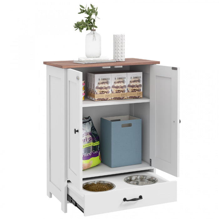 Pawhut Dog Feeding Station, Furniture Style Pet Food Storage Container With Hidden Raised Bowls, Adjustable Panel, Hooks, For Medium Sized Dogs, White